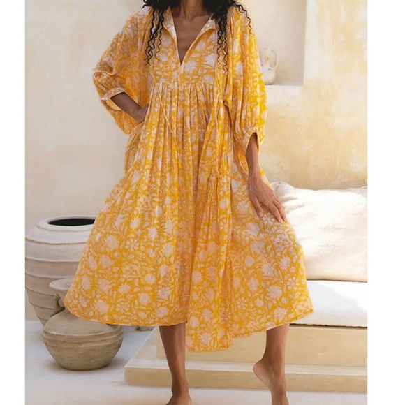 Boho Floral Print V neck 3/4 Sleeve Loose Fit Dress - Picture 3 of 11